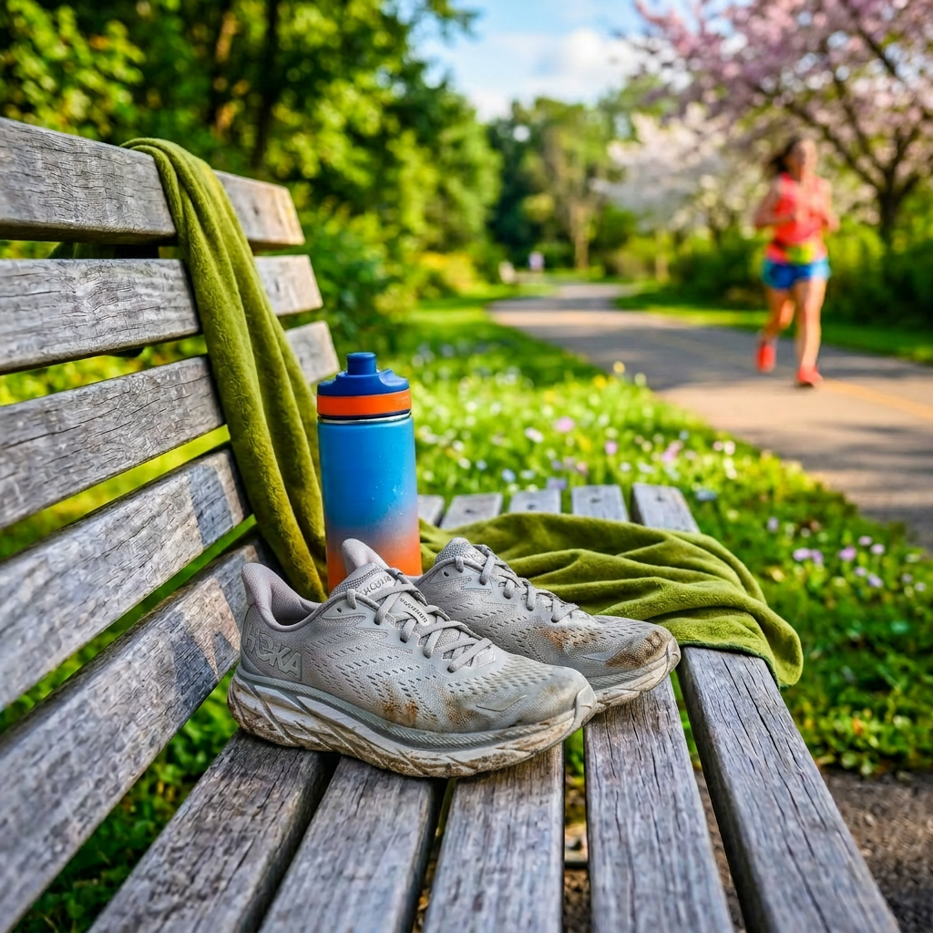 Worn running shoes, blue-orange water bottle, and green towel on wooden bench near a jogging path with blurred runners.