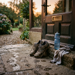 Muddy hiking shoes, water bottle, and towel beside a garden doorway