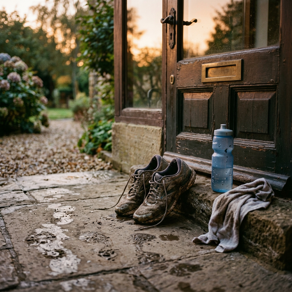 Muddy hiking shoes, water bottle, and towel beside a garden doorway